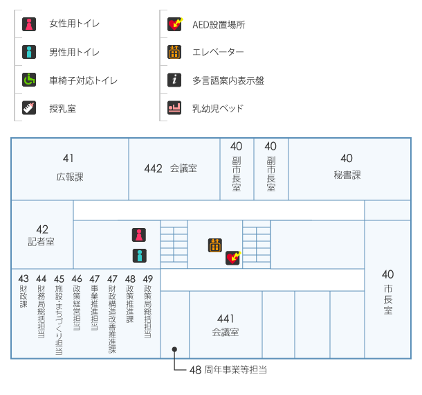 本庁舎4階：女性用トイレ・男性用トイレ・AED設置