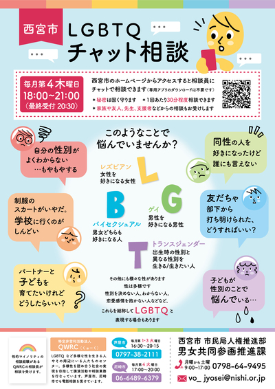 西宮市LGBTQチャット相談は毎月第4木曜日18時から21時（最終受付20時30分）開設しています