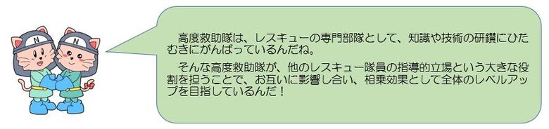 高度救助隊はレスキューの専門部隊として、知識や技術の研鑽にひたむきに頑張っているんだね！そんな高度救助隊が他のレスキュー隊の指導的立場という大きな役割を担うことで、相乗効果として全体のレベルアップを目指しているんだ！