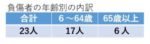 負傷者数23人のうち6歳から64歳は17人、65歳以上は6人。