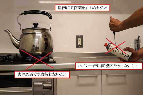 スプレー缶のガス抜きの悪い例　1屋内にて作業を行わないこと　2下記の近くで取扱わないこと　3スプレー缶に直接穴をあけないこと